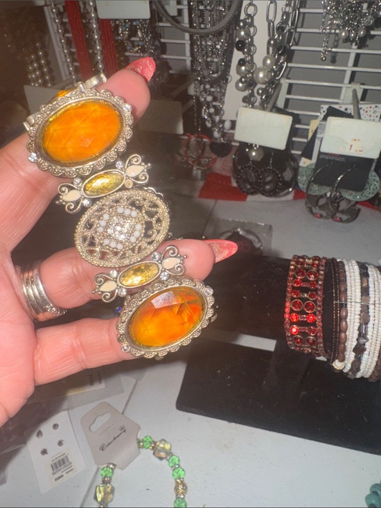 Jewelry - Vintage-Inspired Orange Statement Bracelet with Gem Accents